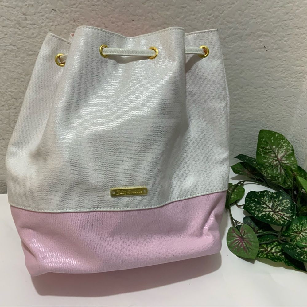 New Juicy Couture Sparkly Drawstring Bucket Backpack Sling Bag - Pink/White